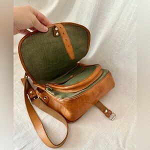 Brown Leather and Green Canvas Crossbody Bag
